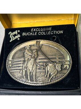 VTG Tony Lama Exclusive Brass Rodeo Belt Buckle Cowboy & Bull Western American